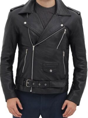Black Asymmetrical Slim Fitted Rider Belted Leather Jacket