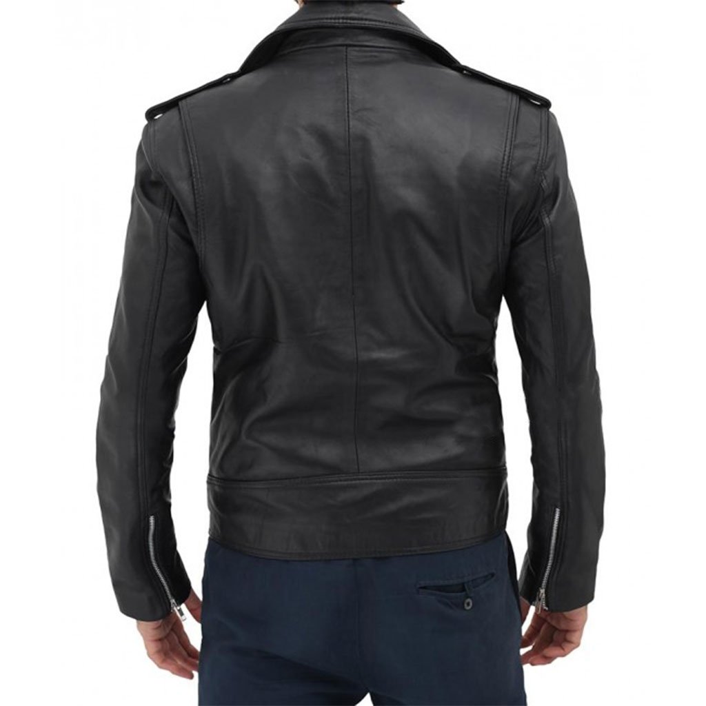 Black Asymmetrical Slim Fitted Rider Belted Leather Jacket - Image 2