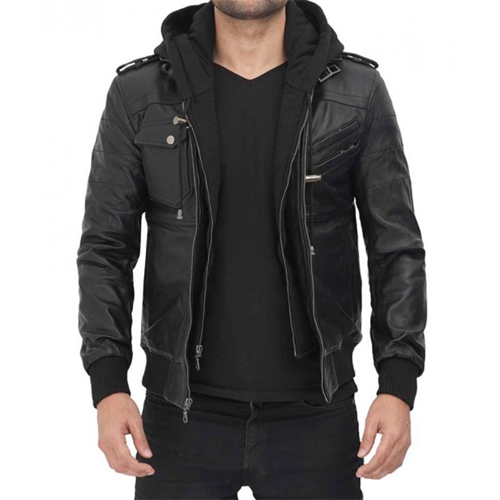 Edinburgh Black Hooded Leather Jacket - Image 3
