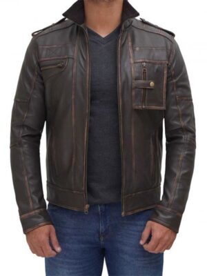 Tavares Mens Distressed Brown Biker Leather Jacket