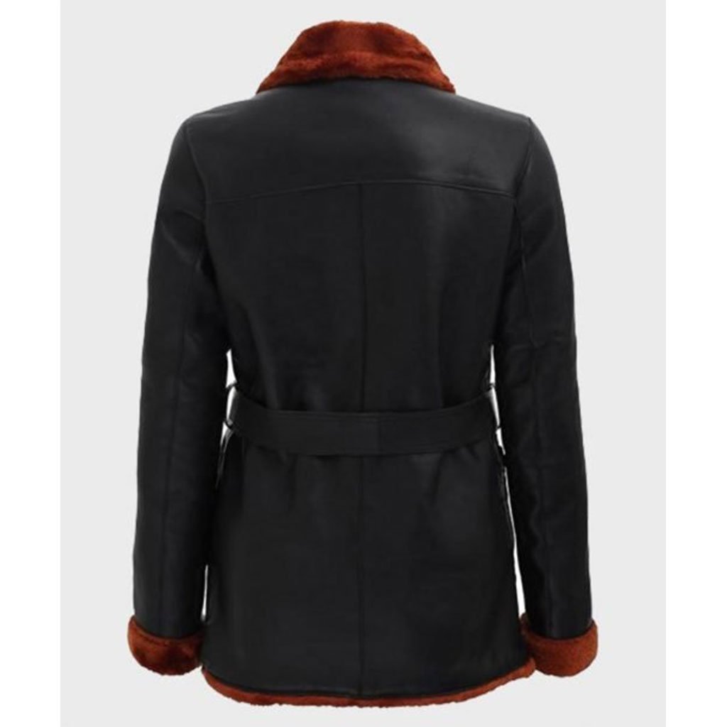 Women’s Black Belted Soft Shearling Leather Coat - Image 2