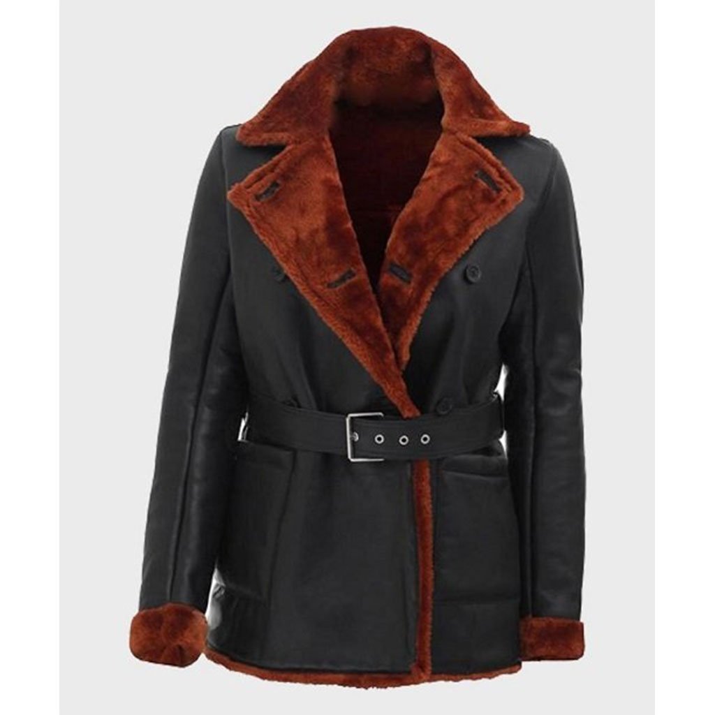 Women’s Black Belted Soft Shearling Leather Coat - Image 3