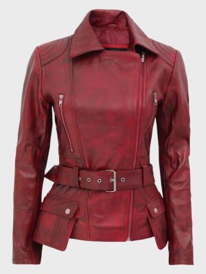 Women’s Distressed Burgundy Biker Front Zipper Closure Jacket