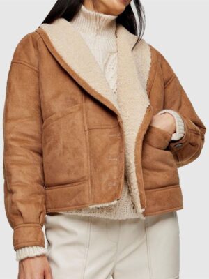 Womens Omega Faux Shearling Brown Leather Jacket