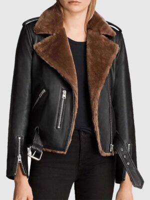 Womens Slim Fit Vegan Shearling Biker Leather Jacket