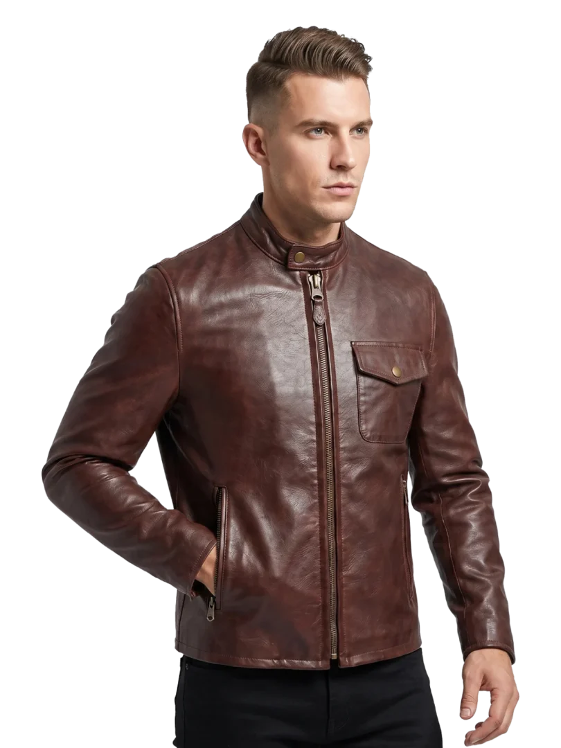 Mahogany Waxed Pebbled Café Racer Jacket