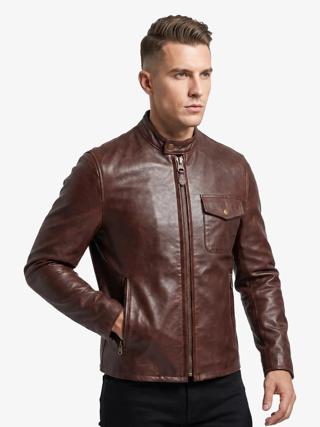Mahogany Waxed Pebbled Café Racer Jacket