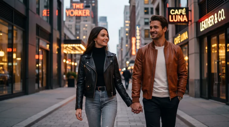 Men's and women's leather jackets laid out as holiday gifts, The Heaven Outfits 2026 gift guide
